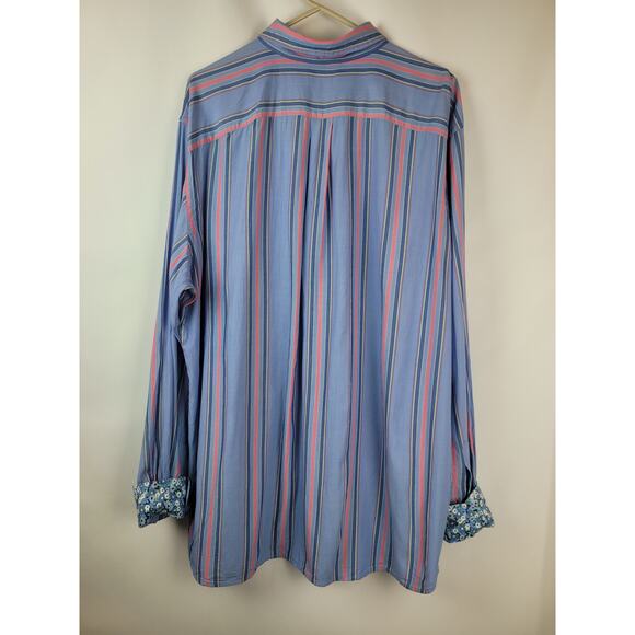 Lands End Men's Striped Button Up Shirt with Floral Flip Cuff Blue Salmon Sz XL - Picture 5 of 10